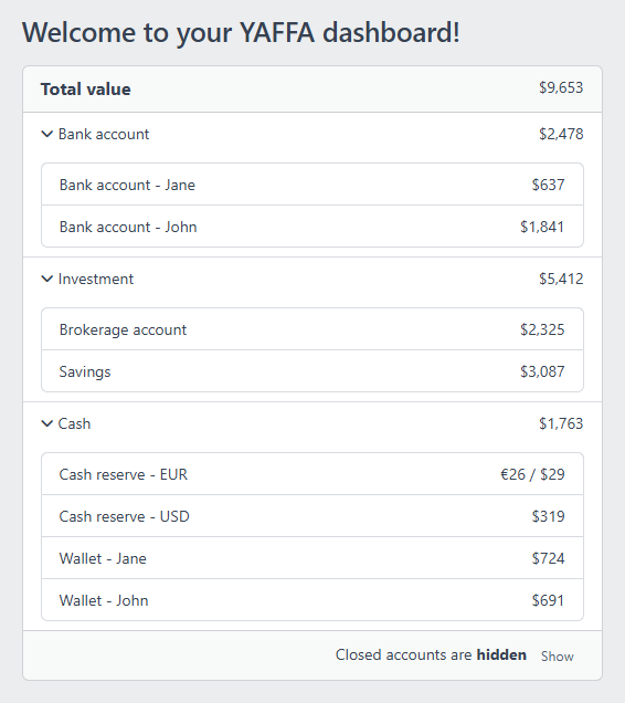 Screenshot of the account balance report in YAFFA personal finance application