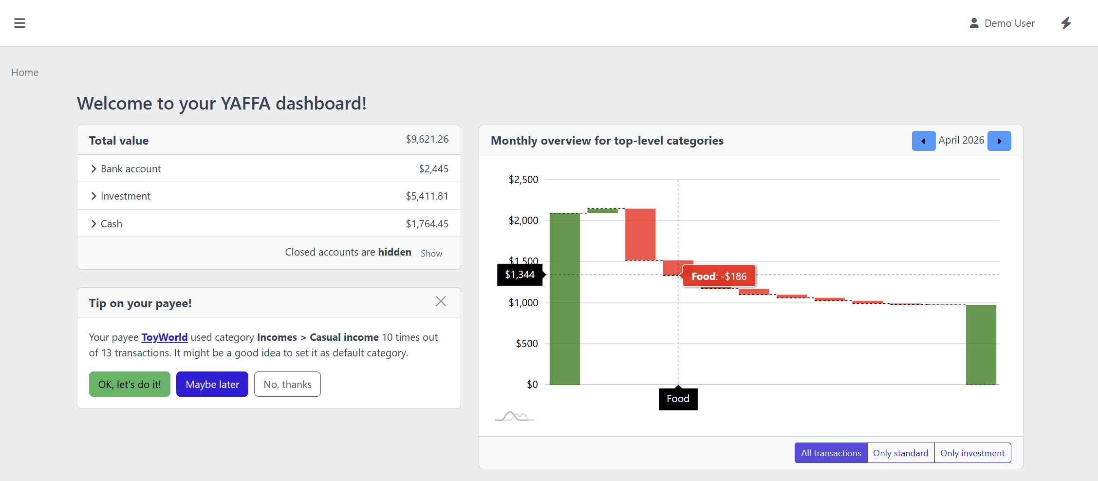 YAFFA personal finance dashboard screenshot